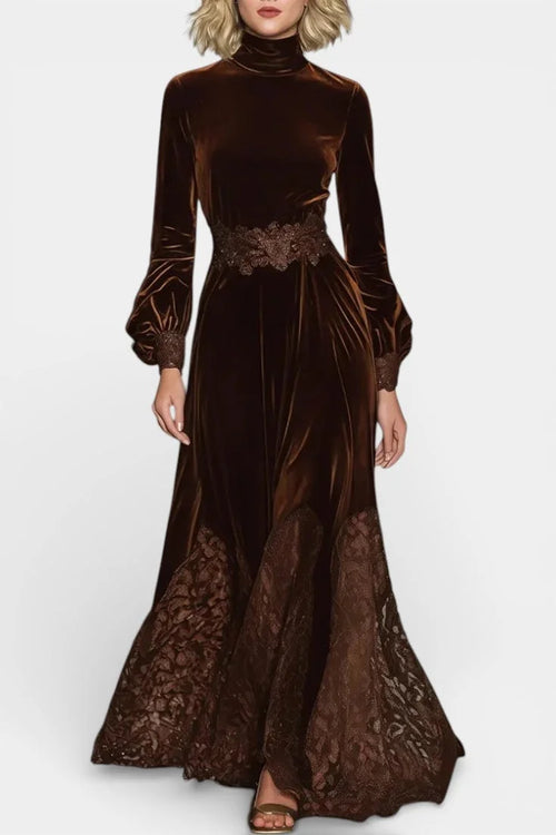 Velvet Maxi Dress Brown Lace Panels
