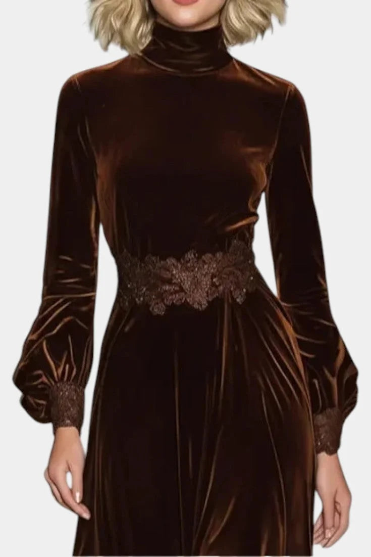 Velvet Maxi Dress Brown Lace Panels — Brown — view 2