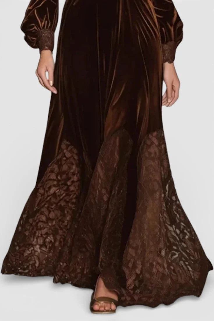 Velvet Maxi Dress Brown Lace Panels — Brown — view 3