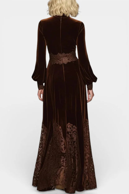 Velvet Maxi Dress Brown Lace Panels — Brown — view 4