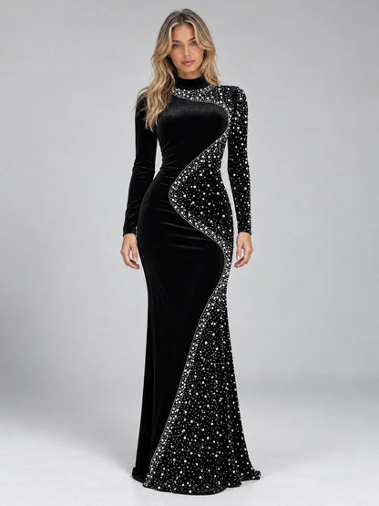 Velvet Maxi Dress Black Rhinestone Detail — Black — view 1
