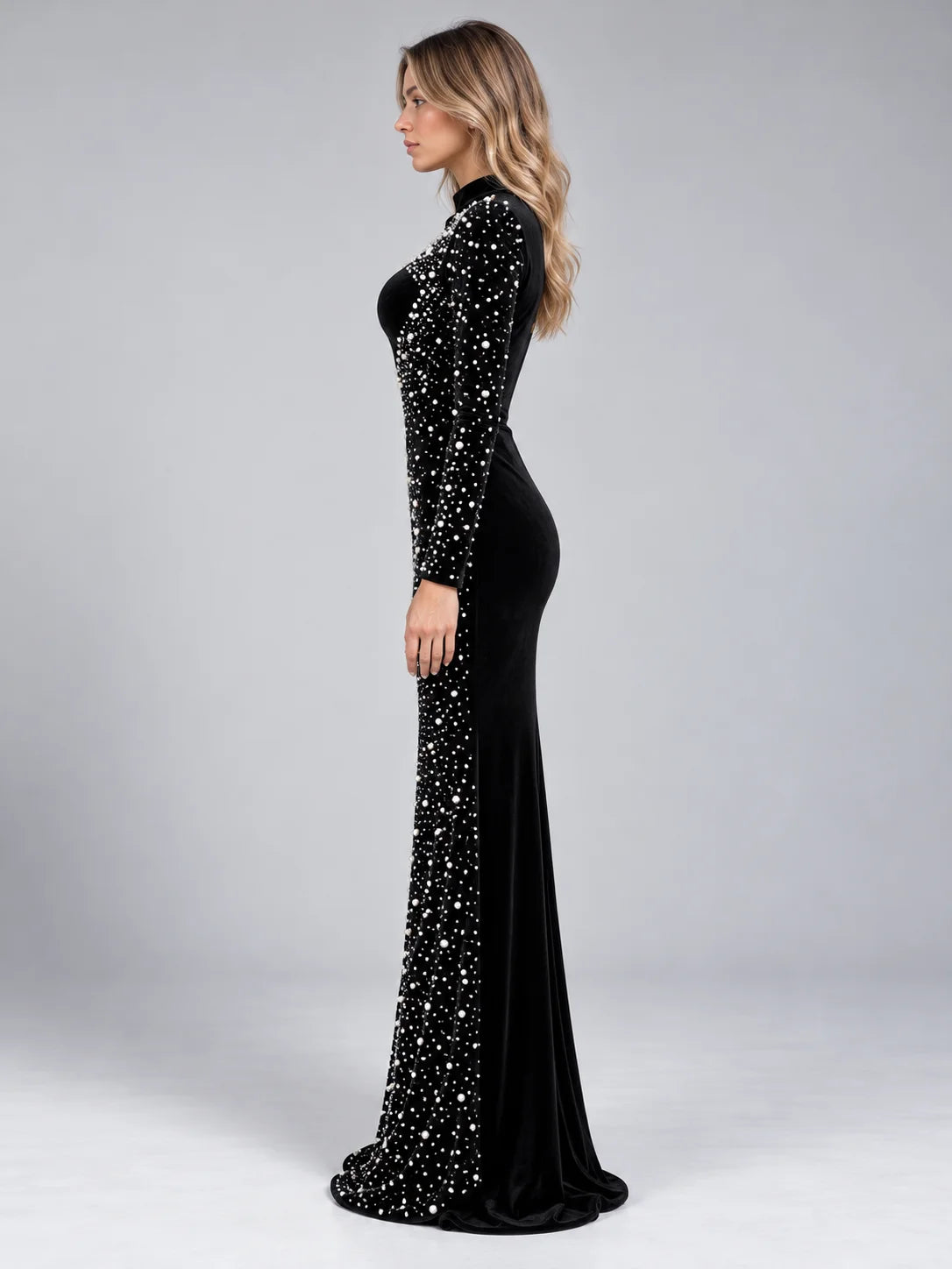 Velvet Maxi Dress Black Rhinestone Detail — Black — view 3