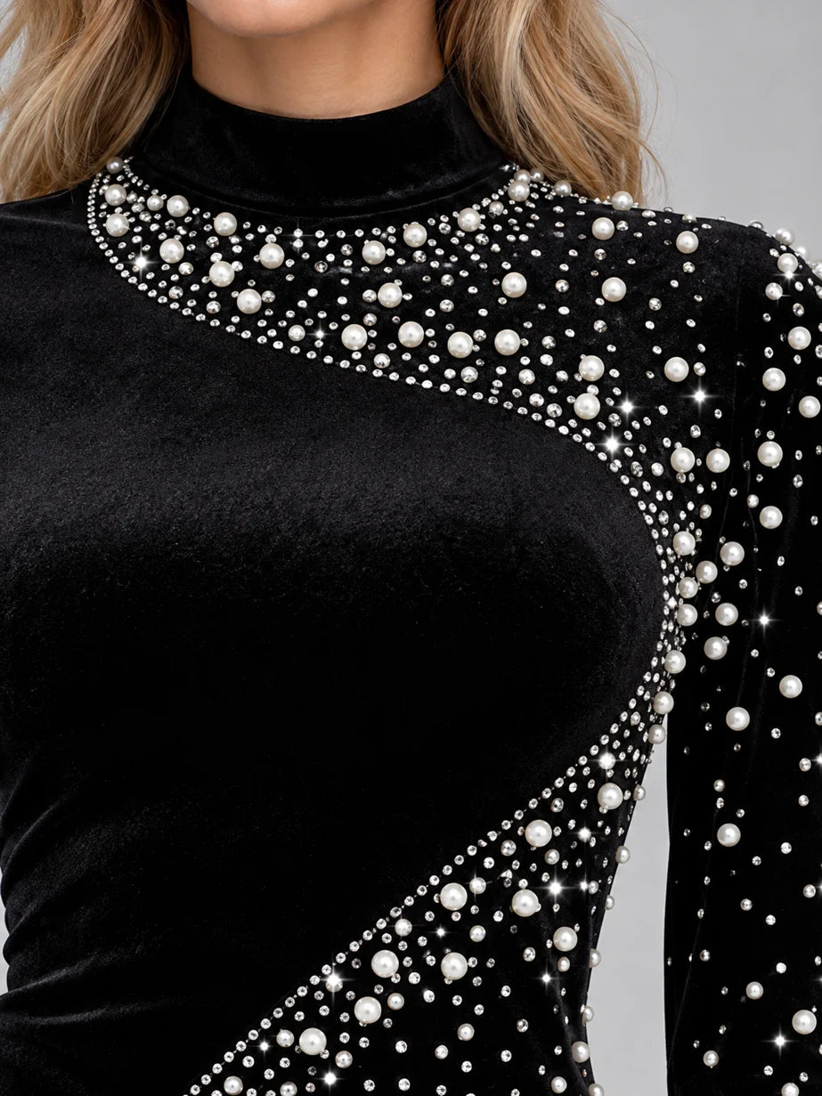 Velvet Maxi Dress Black Rhinestone Detail — Black — view 4