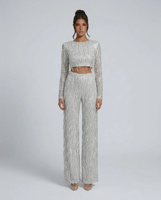Sequin Pant Set Silver Crop Top — Silver — view 1