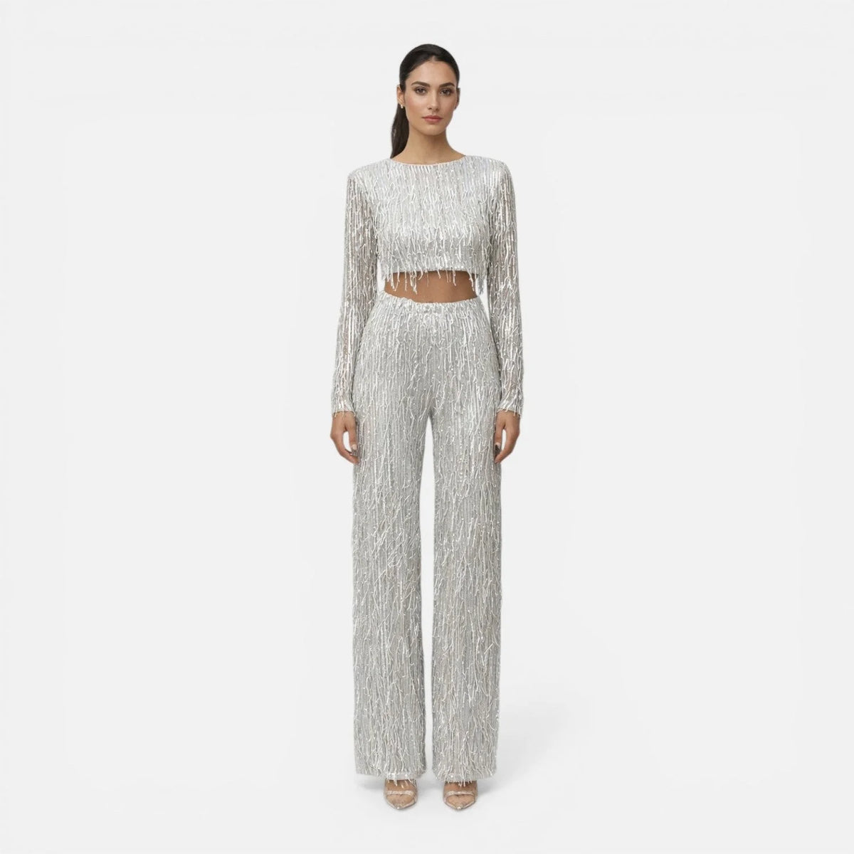 Sequin Pant Set Silver Crop Top — Silver — view 3