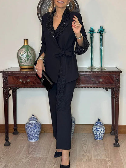Sequin Pant Set Black Tie Waist — Black — view 1