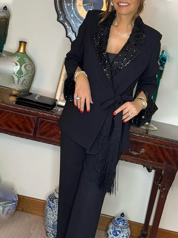 Sequin Pant Set Black Tie Waist — Black — view 2