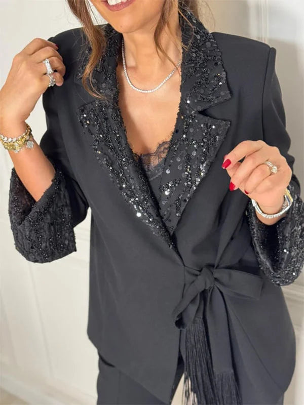 Sequin Pant Set Black Tie Waist — Black — view 3