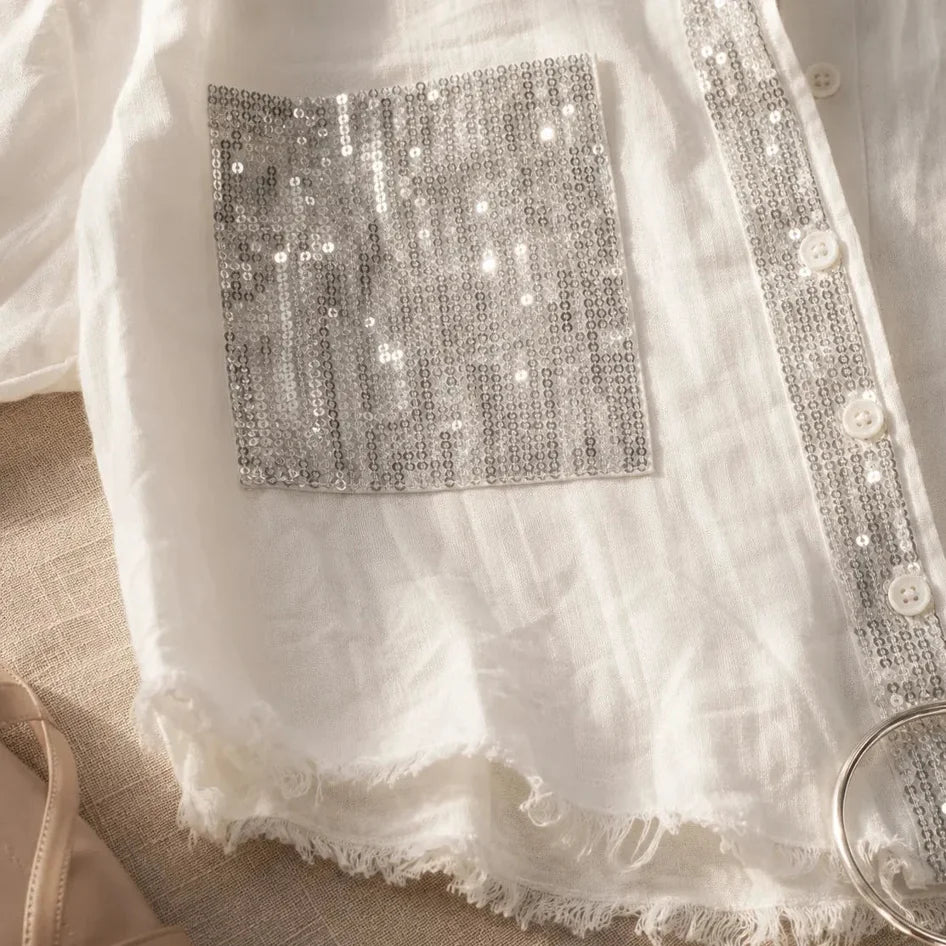 Sequin Pant Set White Shirt Detail — White — view 4