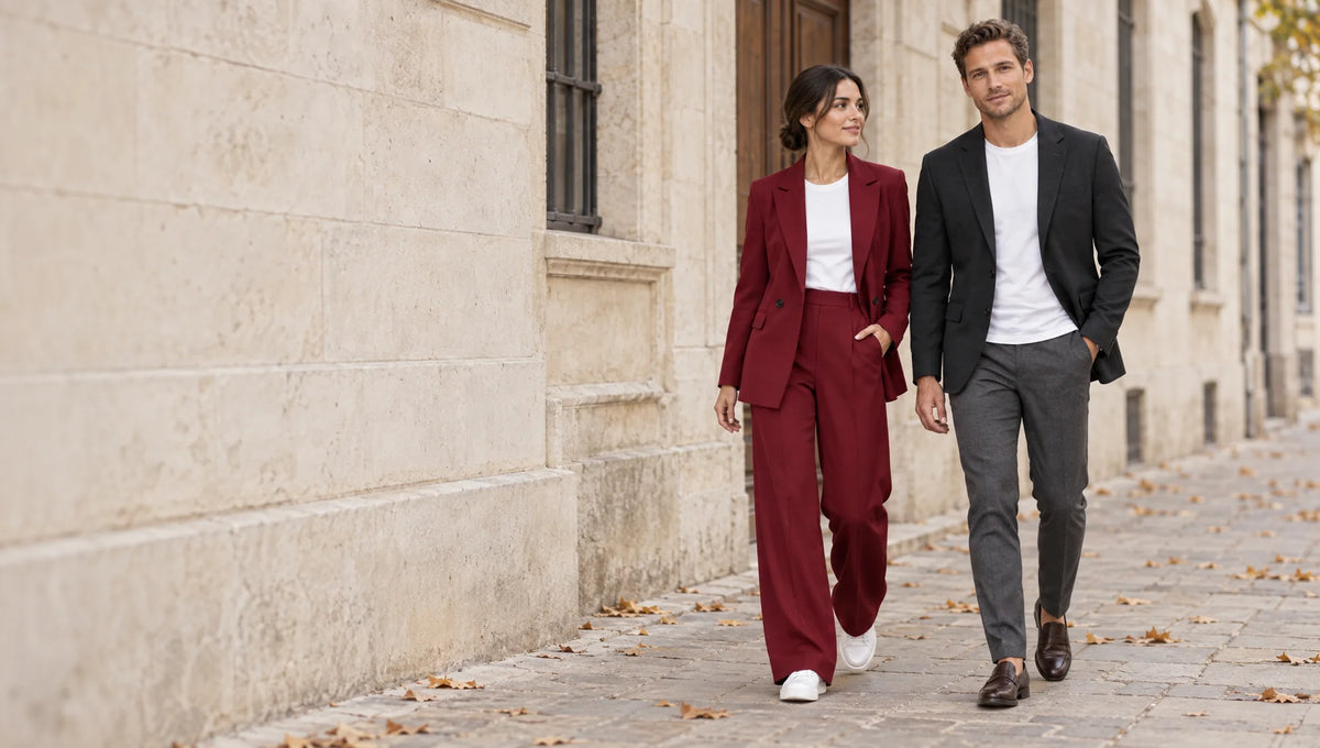 Woman in a dark red blazer and wide-leg trouser suit and man in a black knit blazer on a city street