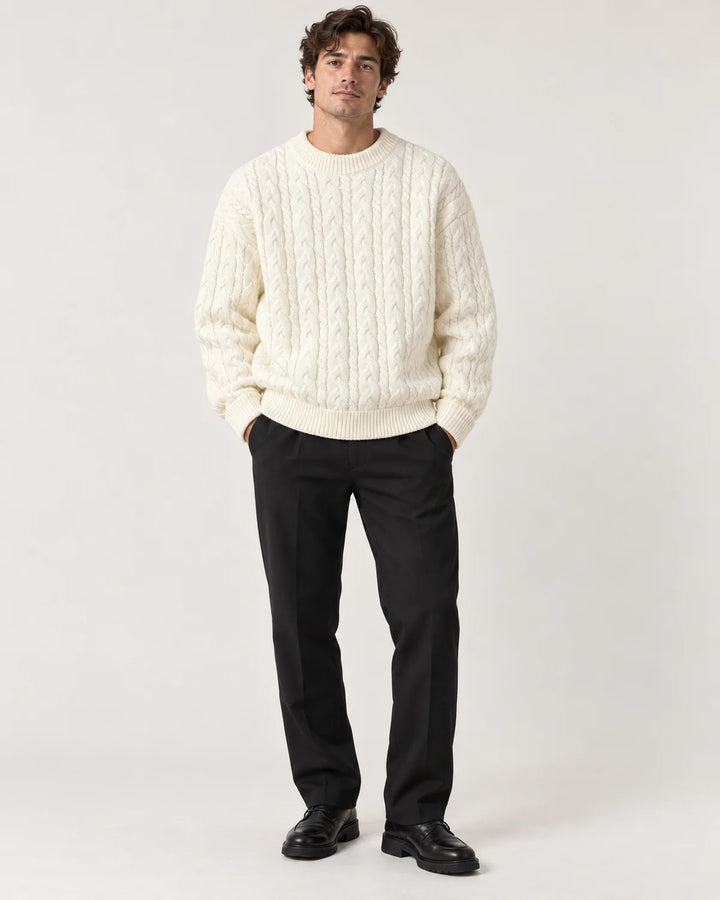 Men's cable-knit crewneck sweater in White