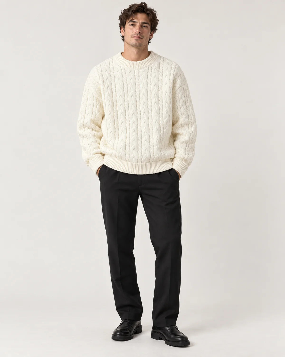 Men's cable-knit crewneck sweater in White