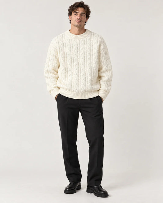 Men's cable-knit crewneck sweater in White