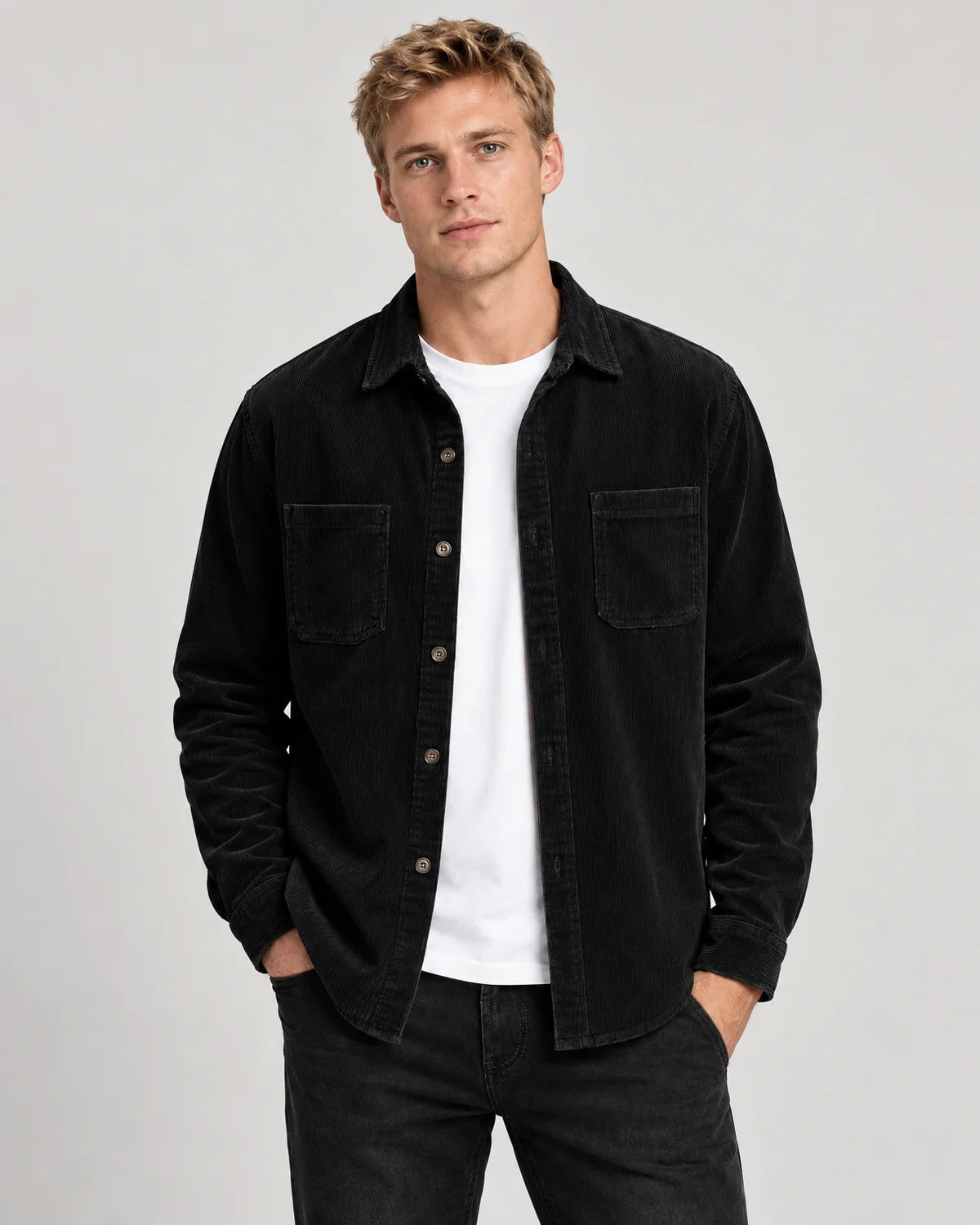 Men's shirt jacket with flap chest pockets in Black