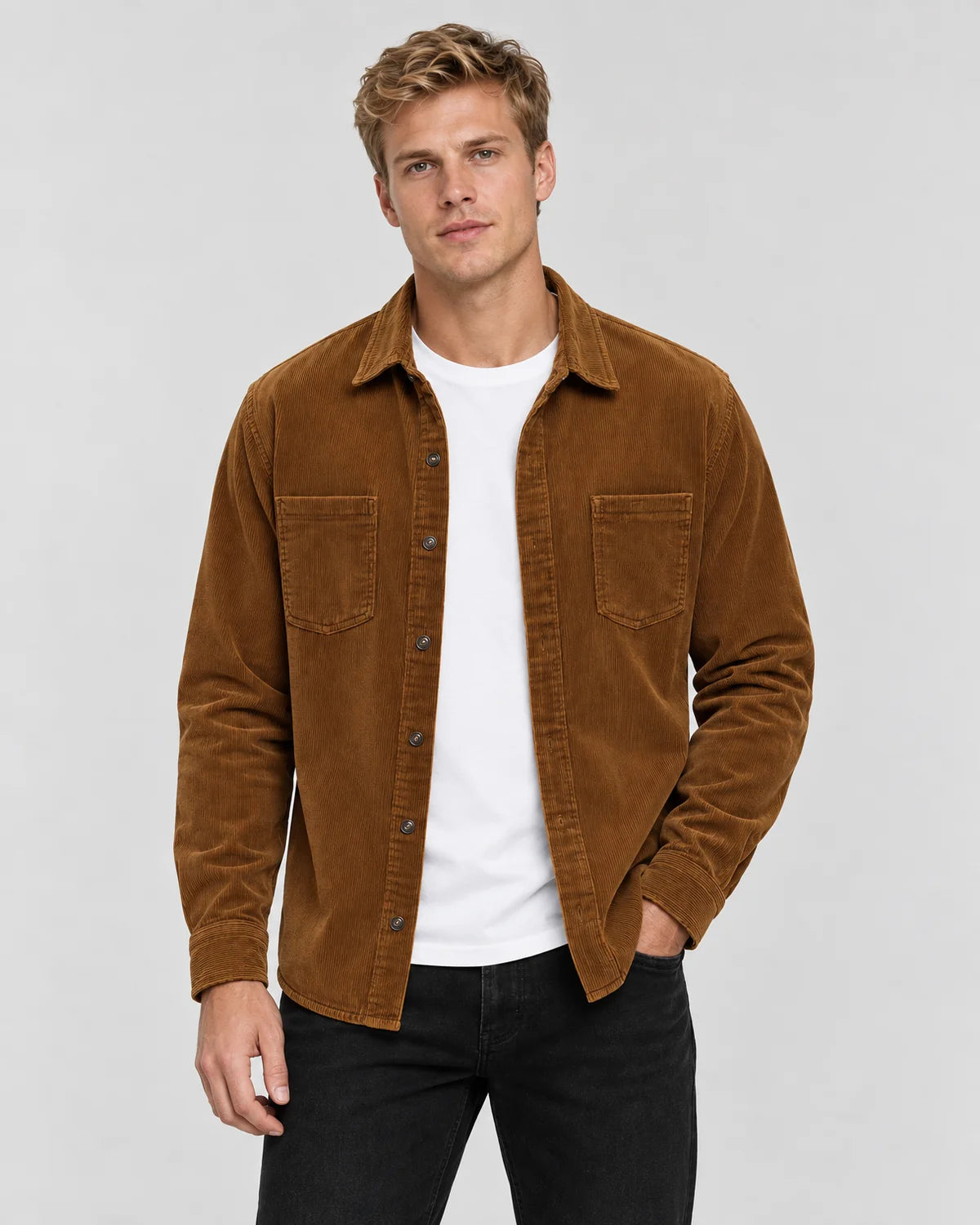 Men's shirt jacket with flap chest pockets in Dark Brown