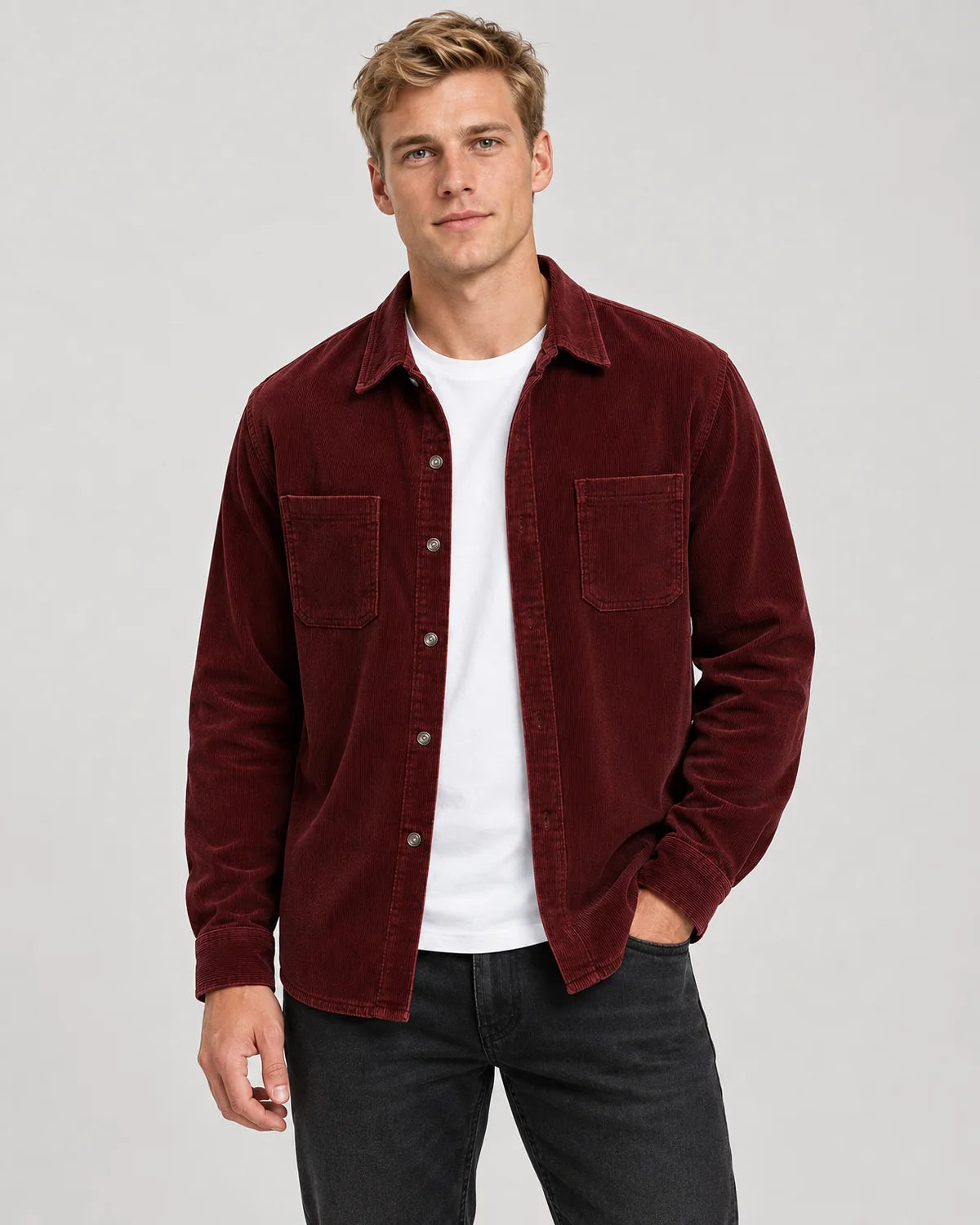 Men's shirt jacket with flap chest pockets in Dark Red