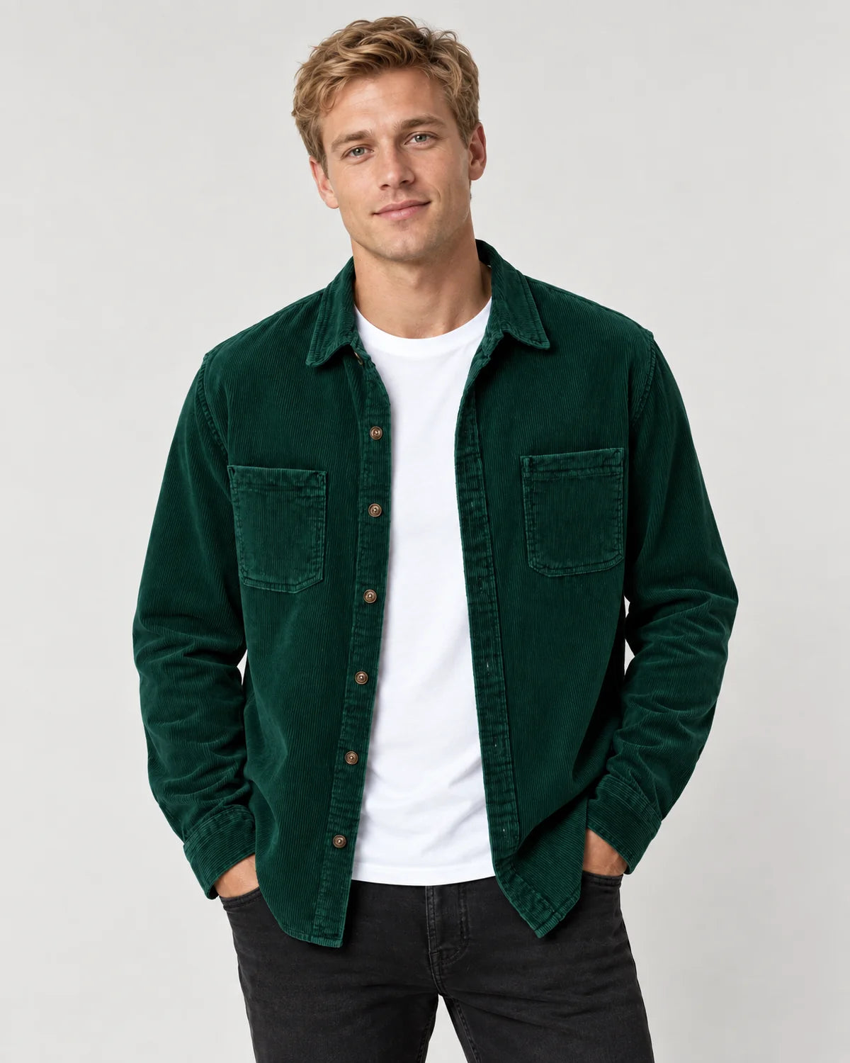 Men's shirt jacket with flap chest pockets in Green