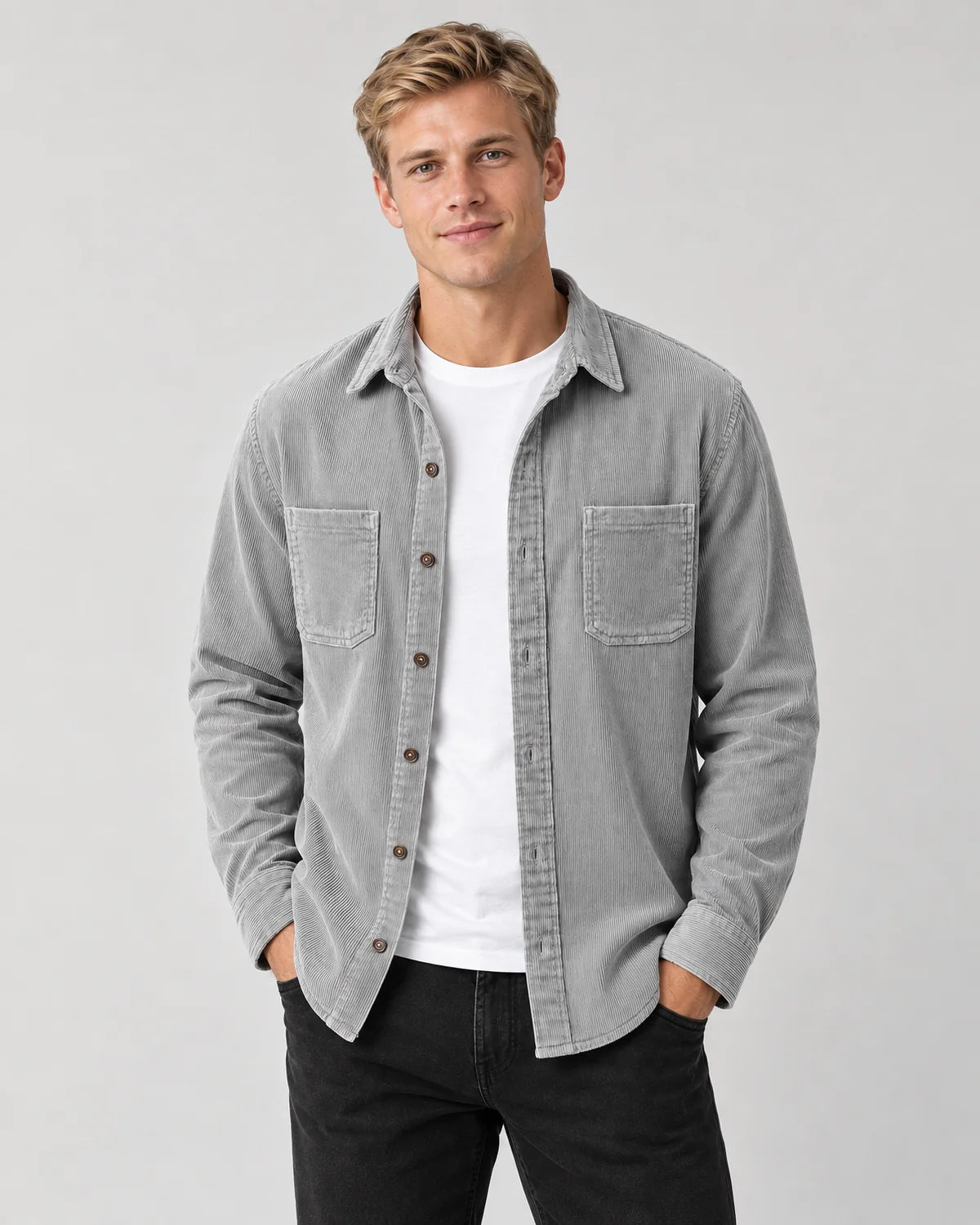 Men's shirt jacket with flap chest pockets in Grey