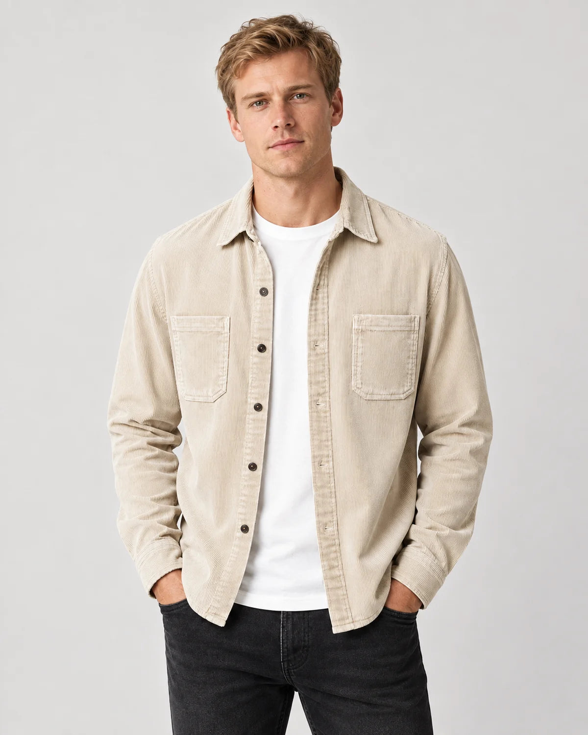 Men's shirt jacket with flap chest pockets in Khaki
