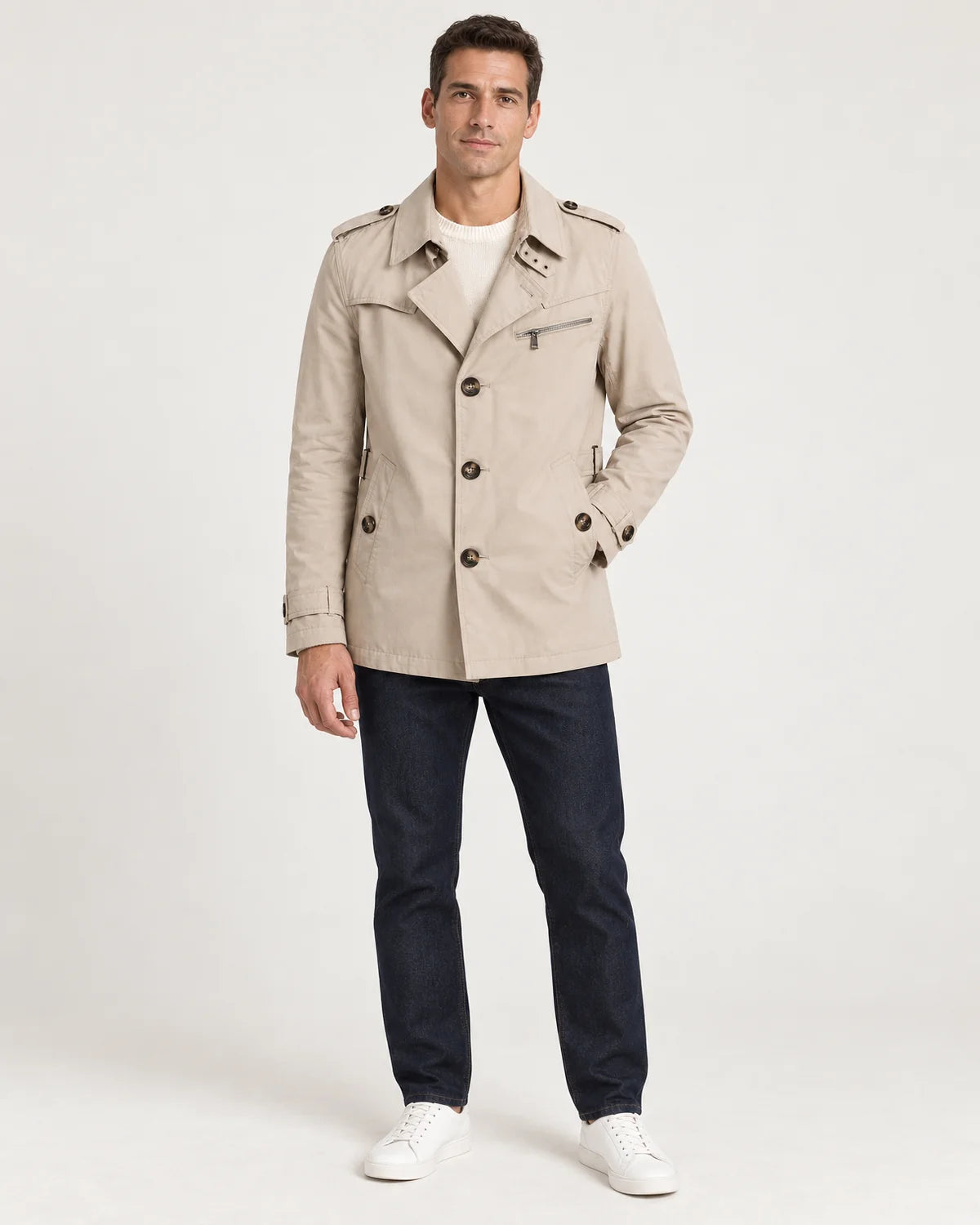 Men's short double-breasted trench coat in Beige