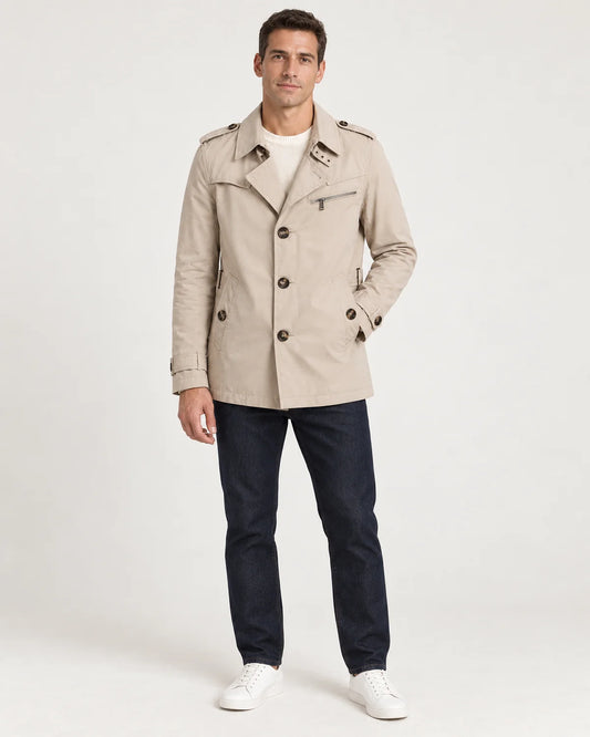 Men's short double-breasted trench coat in Beige