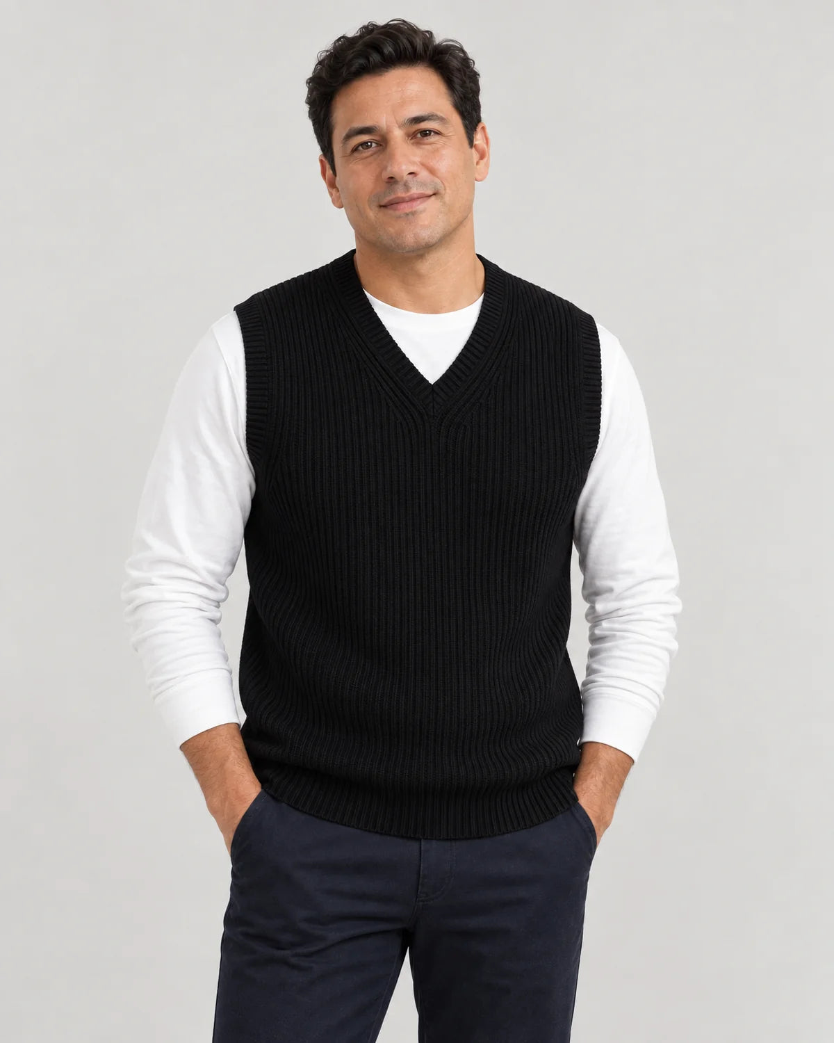 Men's ribbed V-neck sweater vest in Black