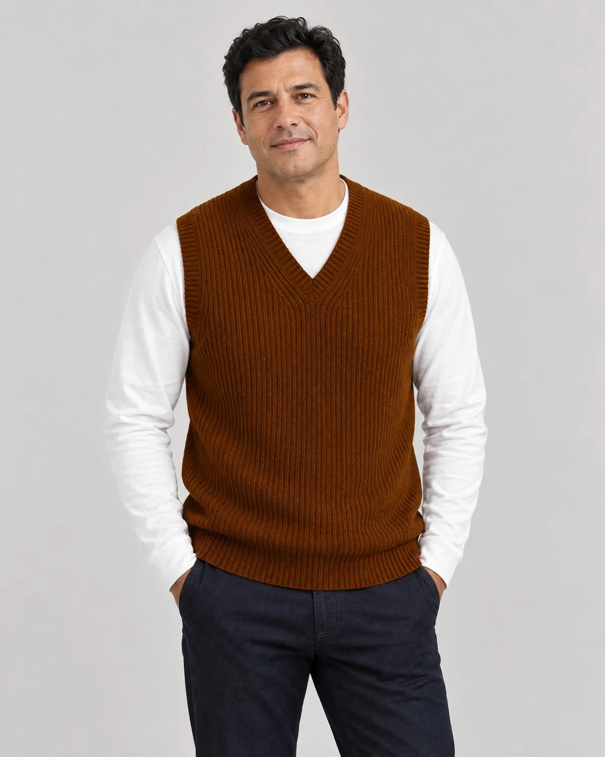 Men's ribbed V-neck sweater vest in Coffee