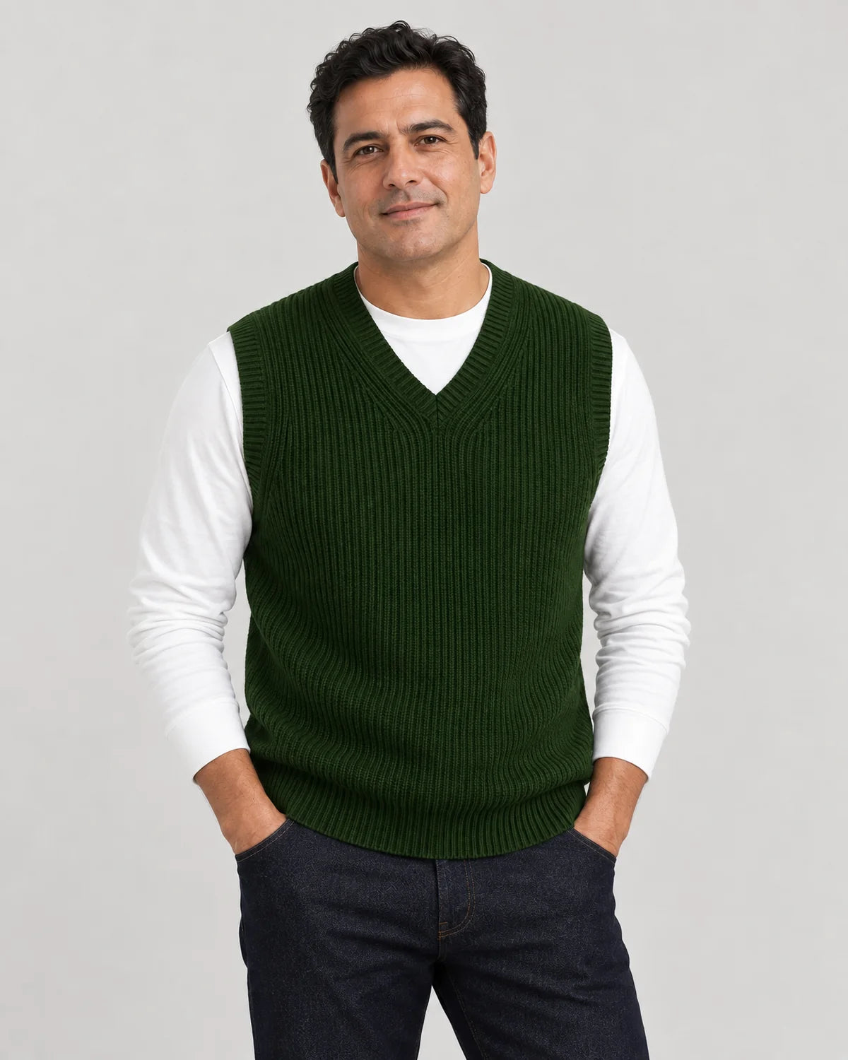 Men's ribbed V-neck sweater vest in Dark Green