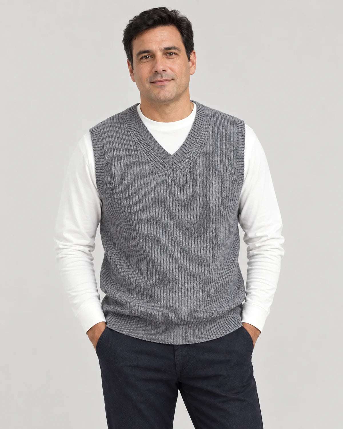 Men's ribbed V-neck sweater vest in Grey