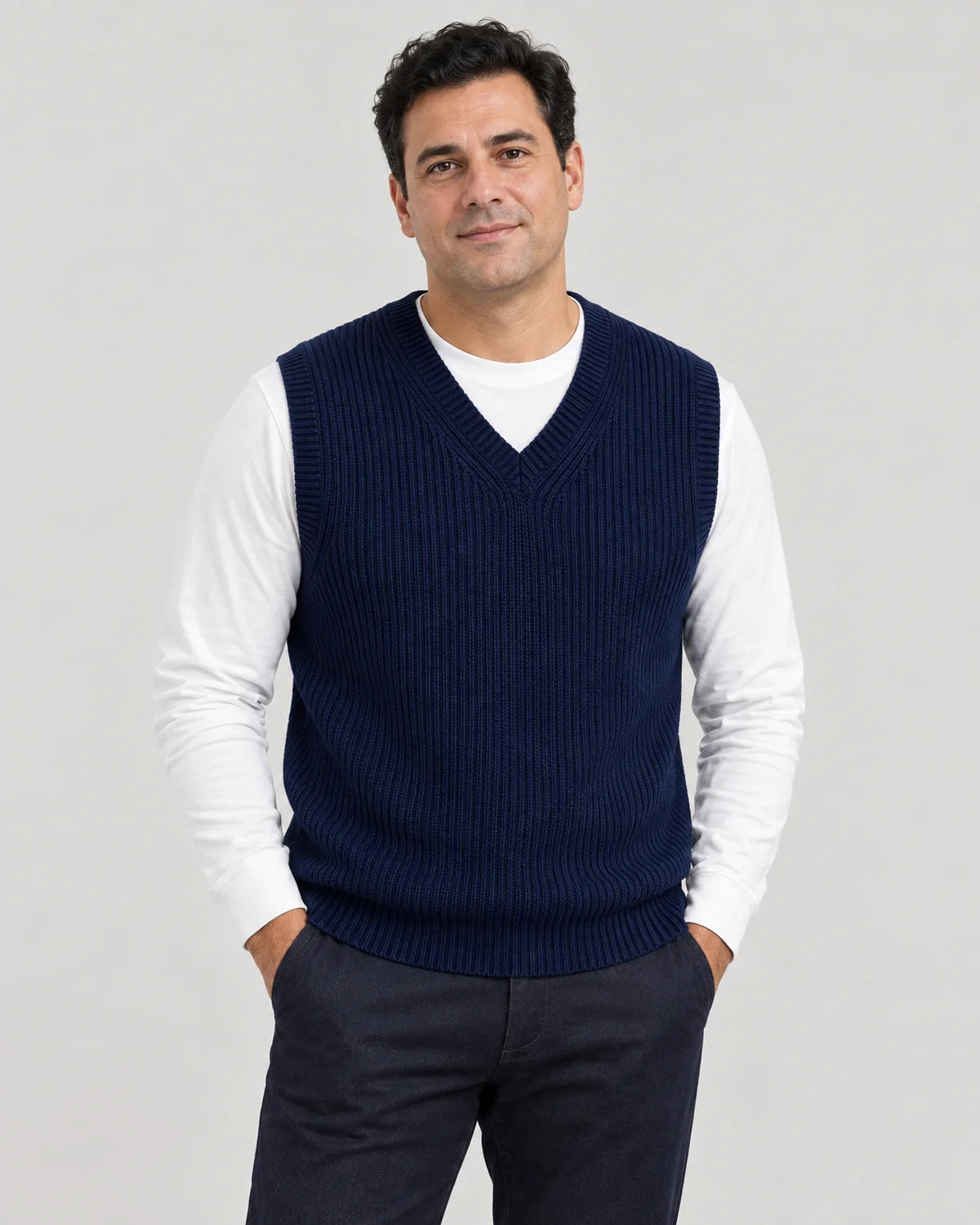 Men's ribbed V-neck sweater vest in Navy Blue