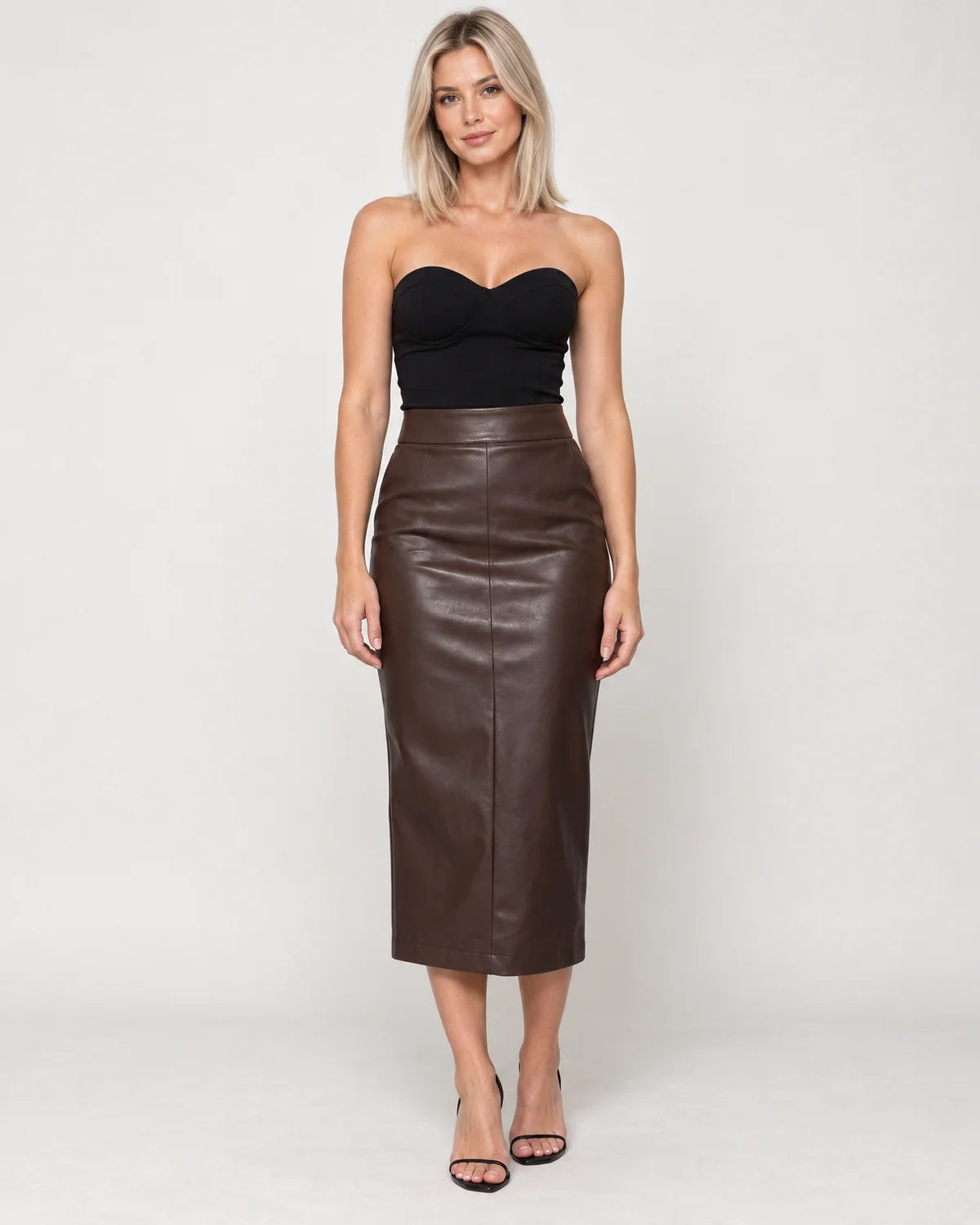 Women's high-waisted midi pencil skirt in Brown