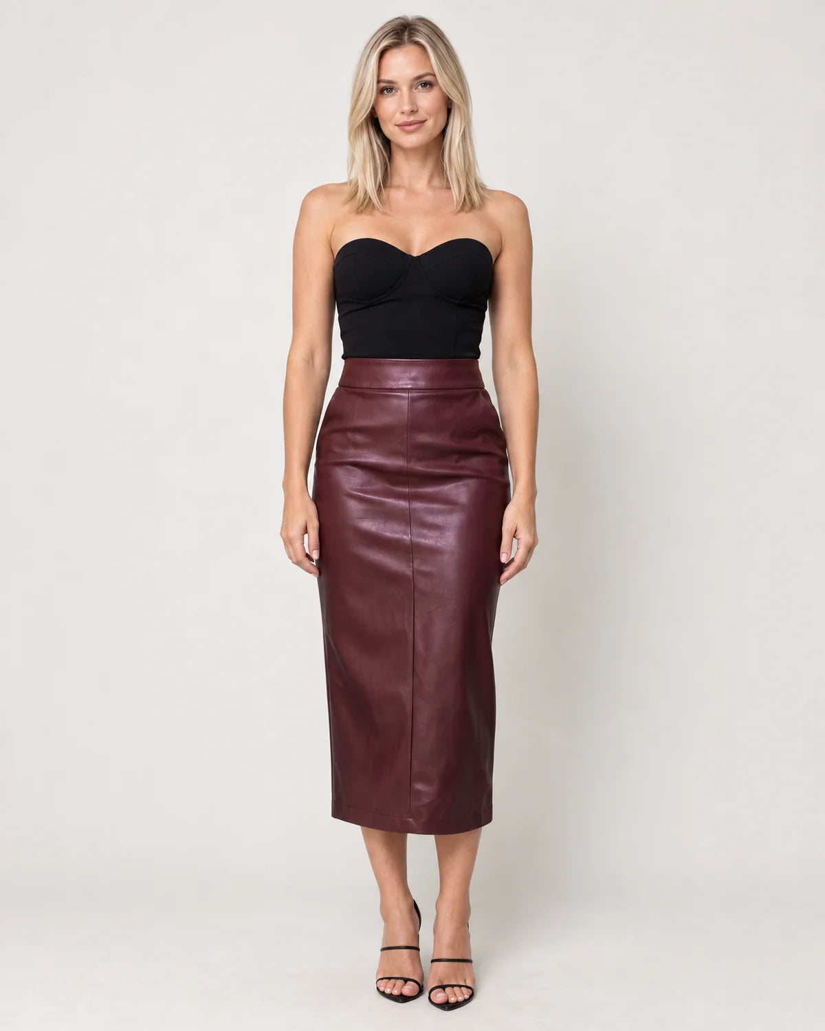Women's high-waisted midi pencil skirt in Burgundy