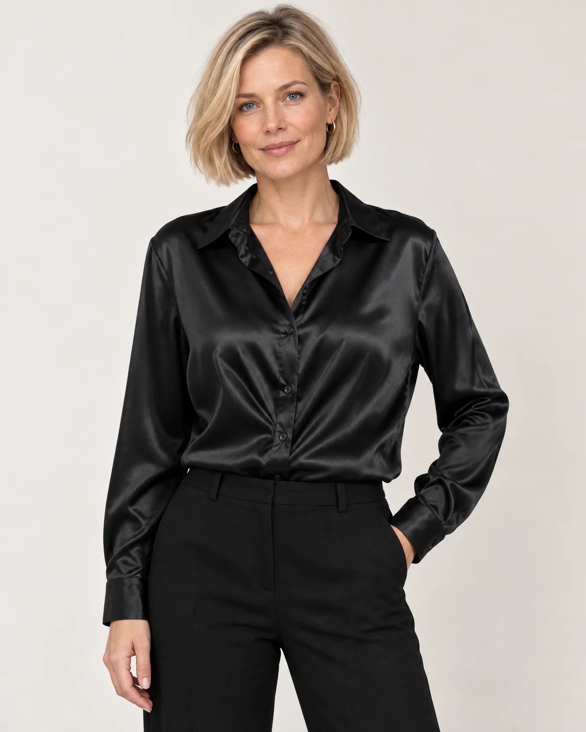 Women's long sleeve button-up blouse in Black