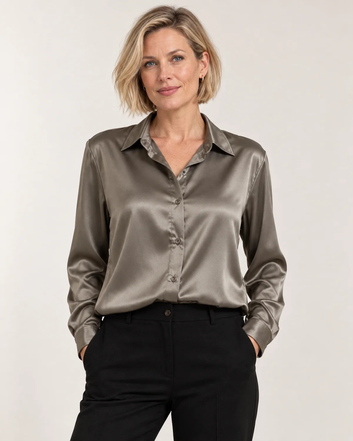 Women's long sleeve button-up blouse in Gray