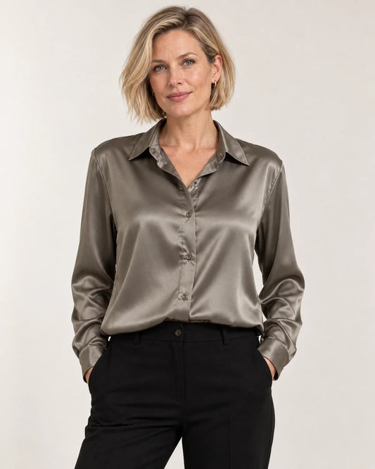 Women's long sleeve button-up blouse in Gray
