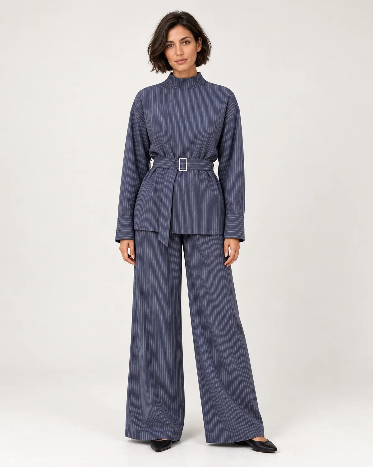 Women's pinstripe belted top and wide-leg pant set in Blue