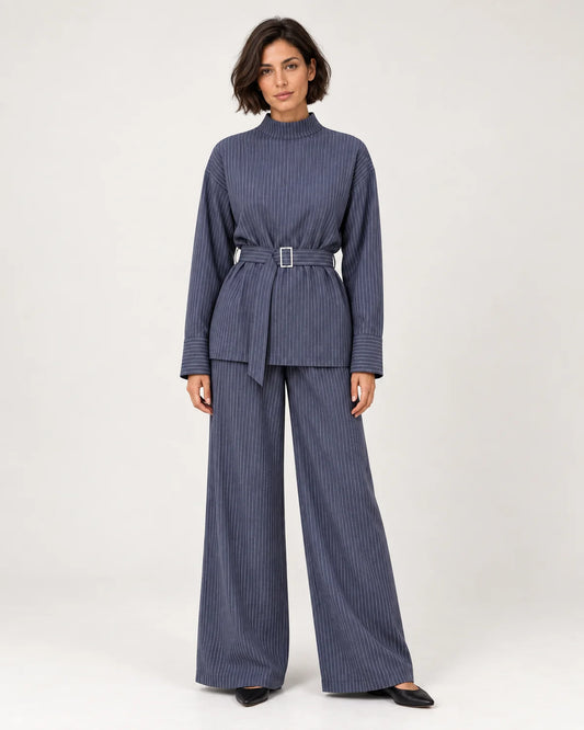 Women's pinstripe belted top and wide-leg pant set in Blue