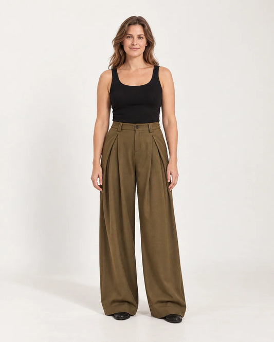 Women's pleated wide-leg pants in Olive Brown