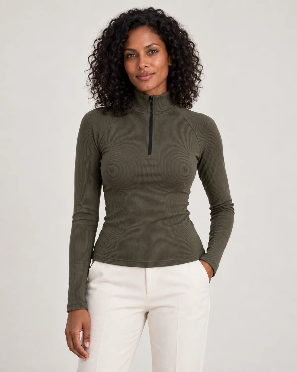 Women's ribbed half-zip high neck top in Army Green