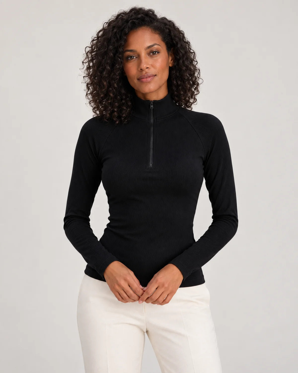 Women's ribbed half-zip high neck top in Black
