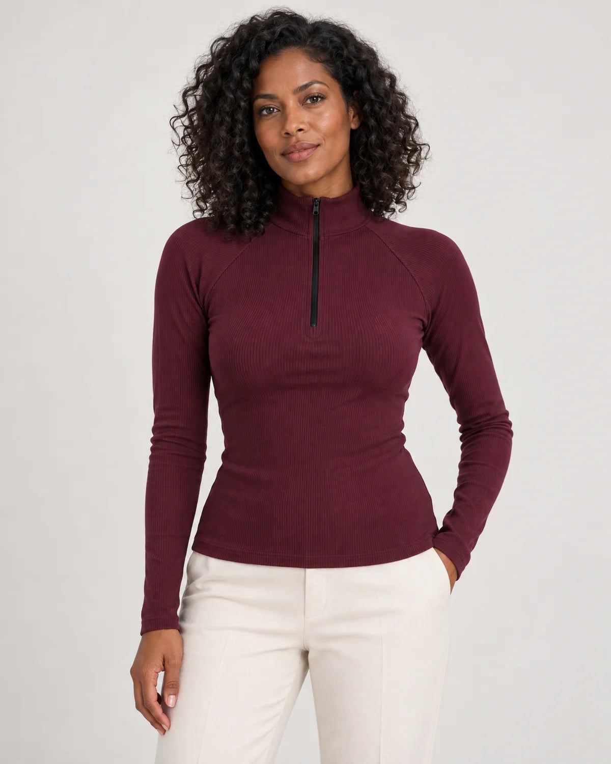 Women's ribbed half-zip high neck top in Burgundy