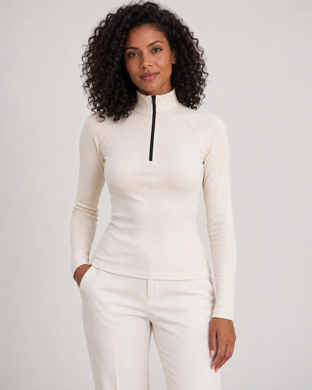 Women's ribbed half-zip high neck top in Cream