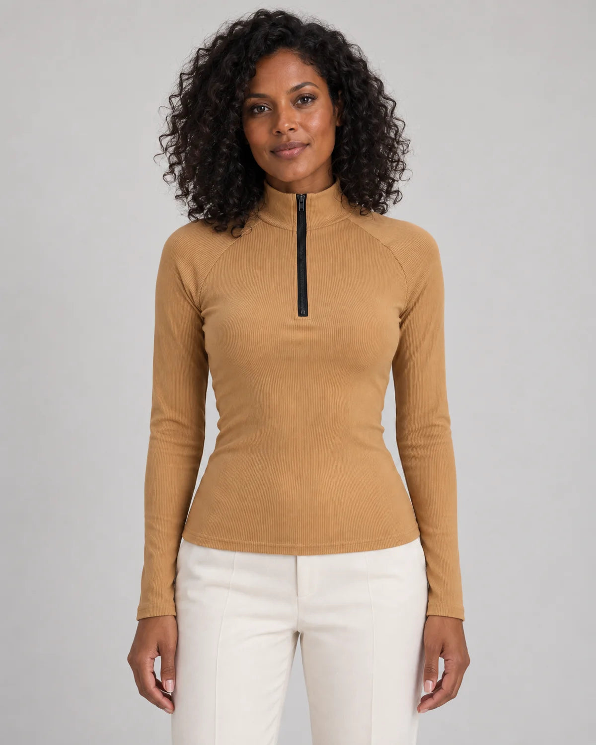Women's ribbed half-zip high neck top in Khaki