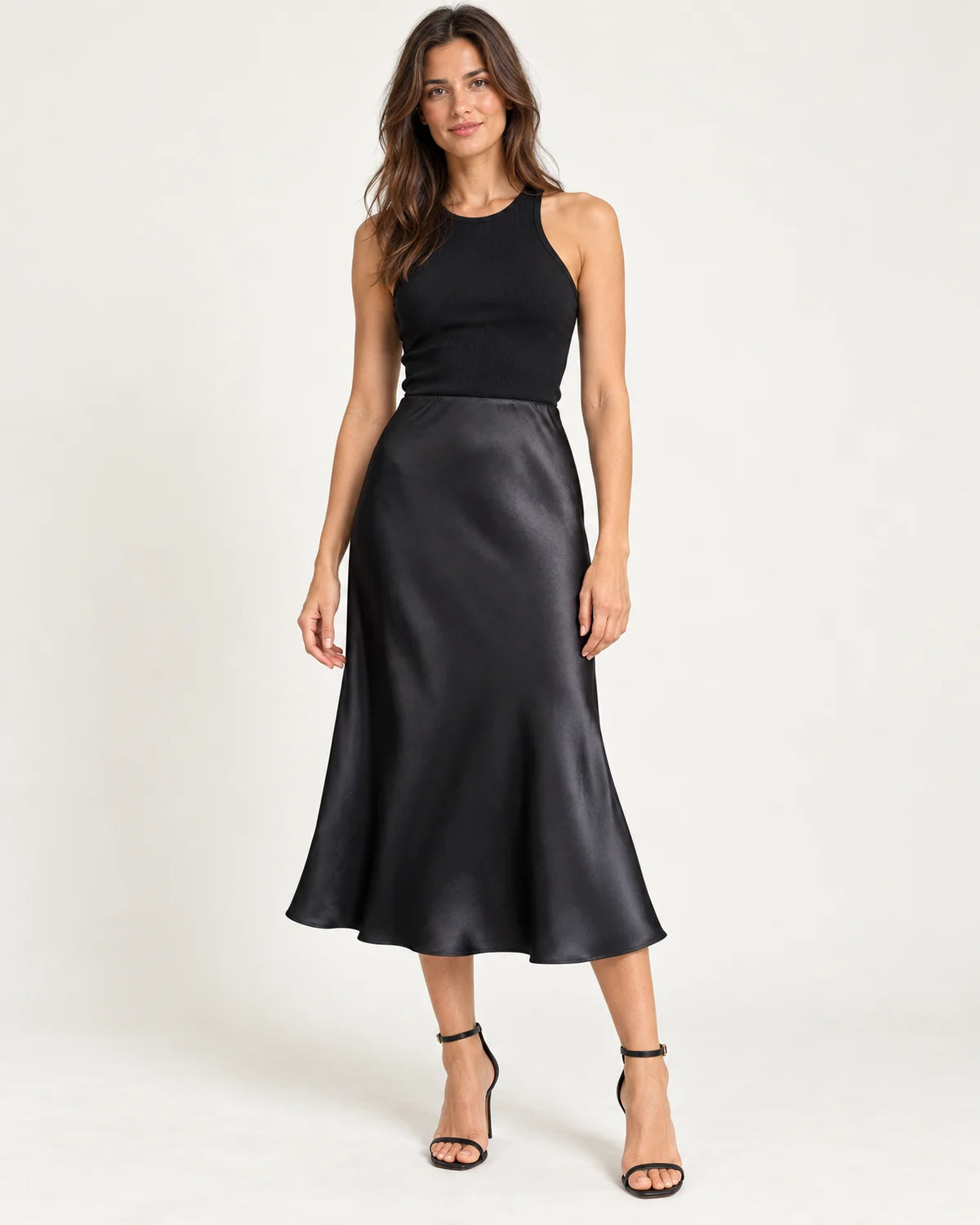 Women's high-waisted A-line midi skirt in Black