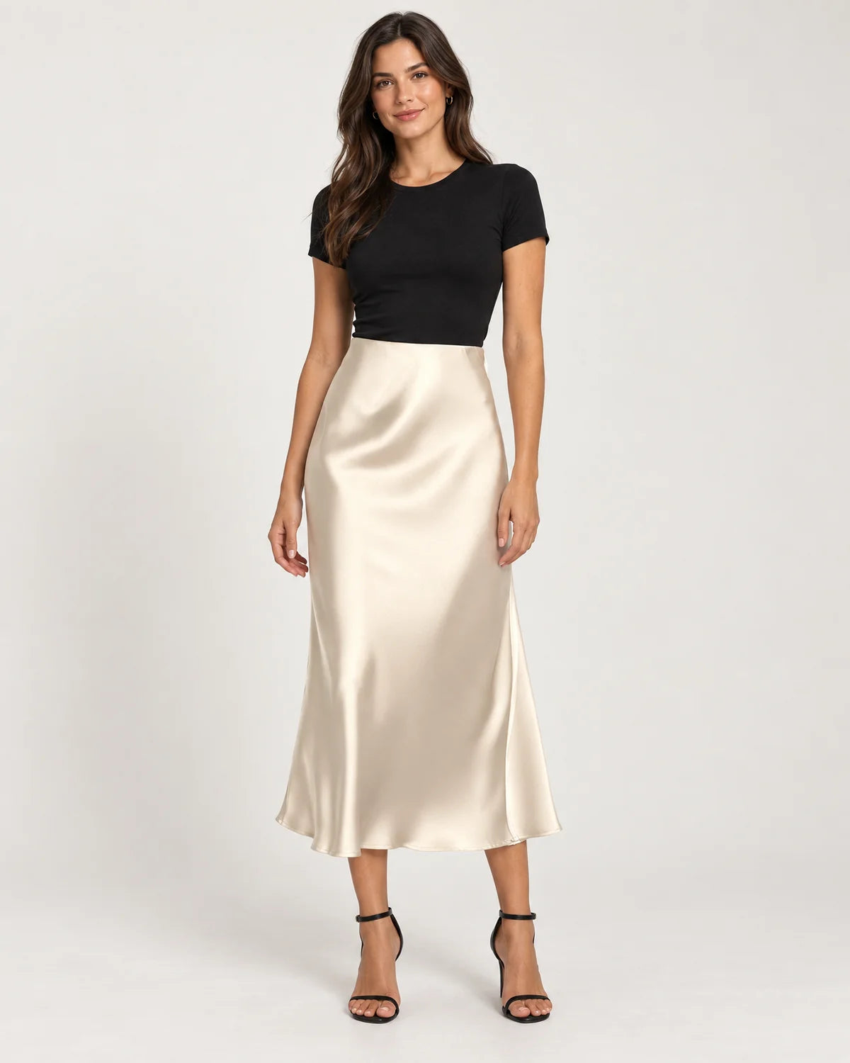 Women's high-waisted A-line midi skirt in Cream
