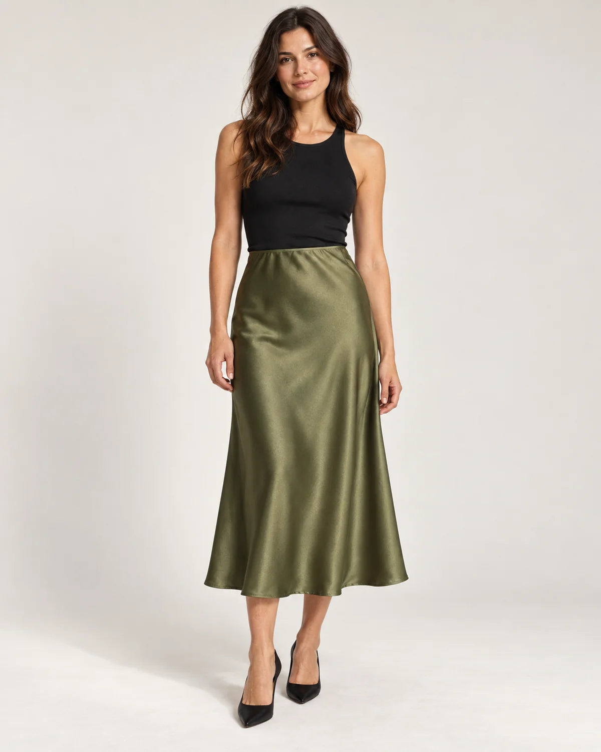Women's high-waisted A-line midi skirt in Olive