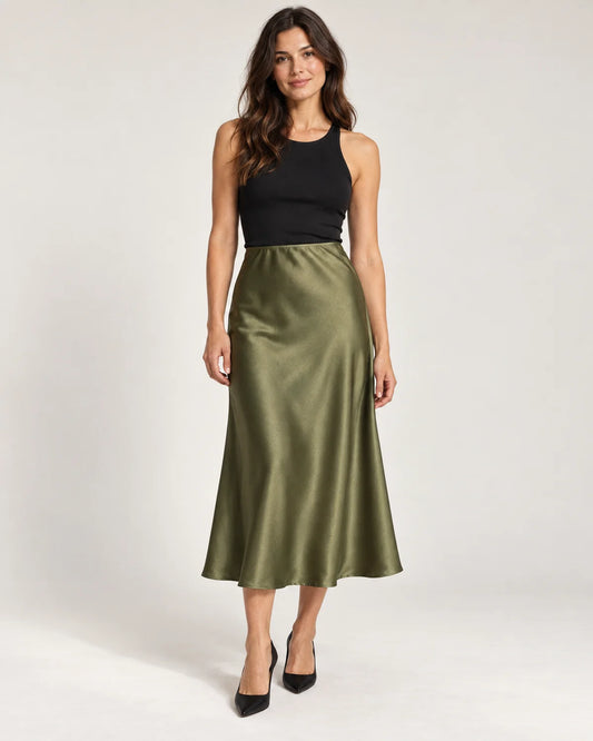 Women's high-waisted A-line midi skirt in Olive
