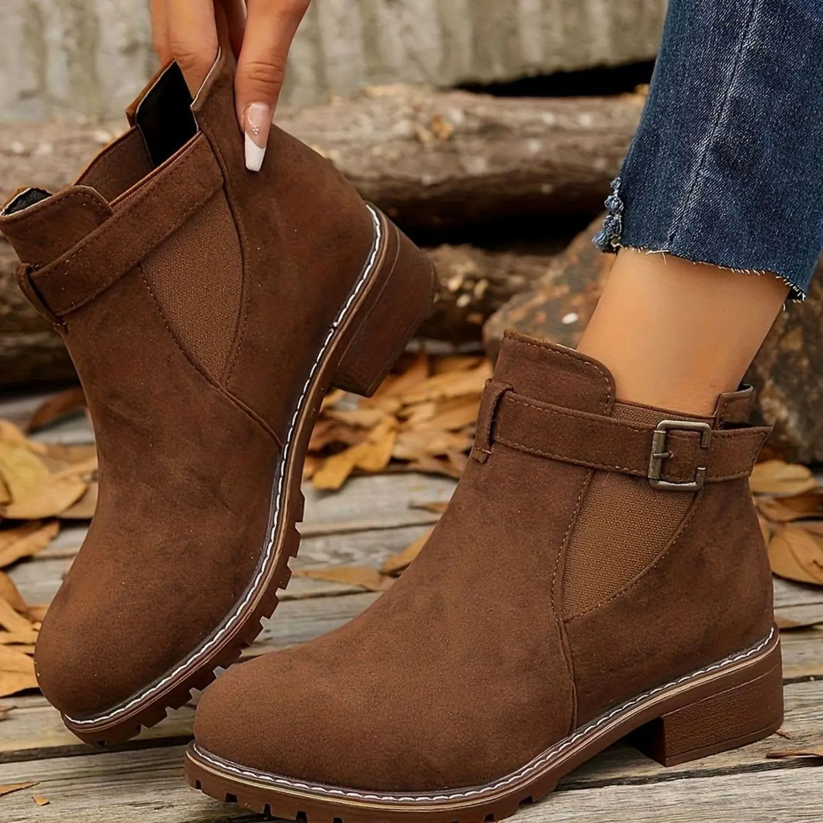 Chelsea-Style Ankle Boots – Black Buckle Strap — Dark Brown