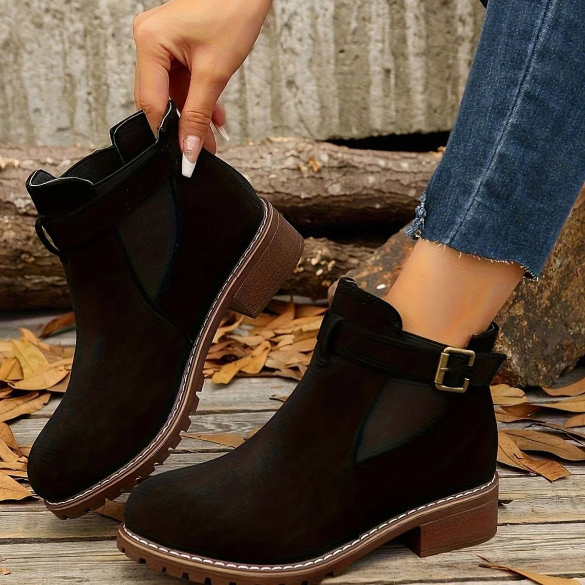 Chelsea-Style Ankle Boots – Black Buckle Strap — Black