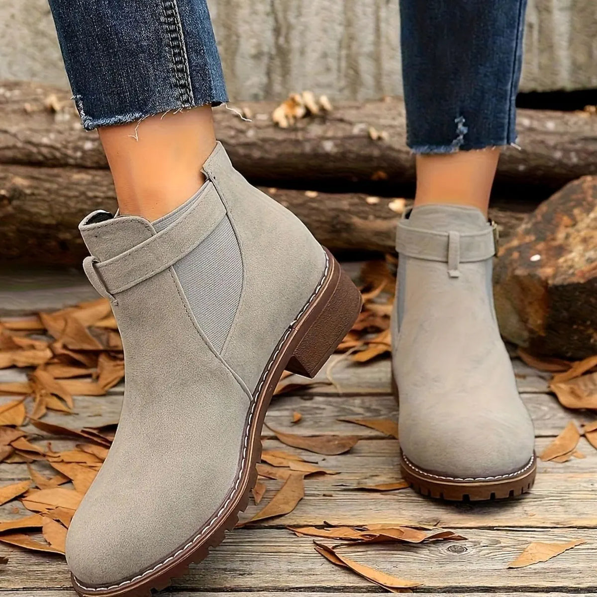 Chelsea-Style Ankle Boots – Black Buckle Strap — Silver Grey